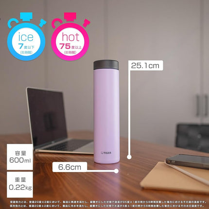 Tiger Thermos Flask MMZ-W060VW Dishwasher Safe, 20.3 fl oz (600 ml), White Water OK, Screw Stainless Steel Bottle, Lid and Seal are Integrated for Washing Only 2 Pieces, Easy Cap, Vacuum Insulated,