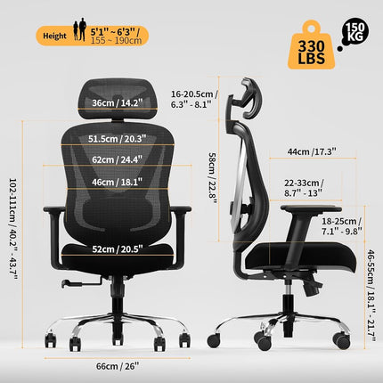 HOLLUDLE Ergonomic Mesh Office Chair - 3D Adjustable Lumbar Support, 3D Armrests, V-Shaped Back | Adjustable Desk Chair for Office & Home, Black