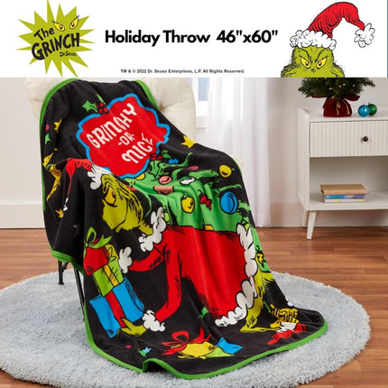 Franco Collectibles Dr. Seuss El Grinch Edredón Súper Suave y Acogedor para Navidad, 46 pulg. x 60 pulg., (Producto con Licencia Oficial)