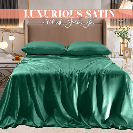 Elegant Comfort Luxurious 4-Piece Silky Satin Sheet Set, Skin and Hair Friendly, Wrinkle, Fade, Stain Resistant with Deep Pockets Fitted Sheet, Cooling Soft Satin Sheet Set, Queen, Hunter Green