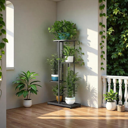 LINZINAR Metal 4 Tier 5 Potted Plant Stand Indoor Outdoor Planter Display Shelf for Patio Garden Corner Balcony Living Room