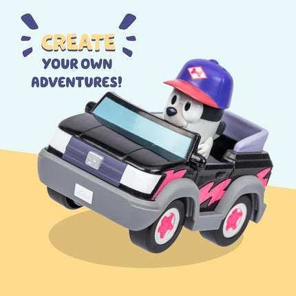 BLUEY Hit The Road And Her Friends In This Cute Little Vehicle! Ride Along In Pizza Girls Car with Muffin, This Vehicle Fits One 2.5" (6cm) Articulated Muffin Figure Inside, Black