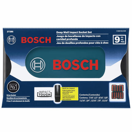 Bosch 27286 1/2 in. Shank 9-Piece Assorted Set with Brute Tough Case Impact Tough Deep Well Sockets for Applications in High Torque Driving and Fastening