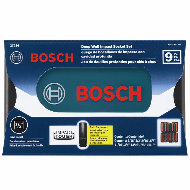 Bosch 27286 1/2 in. Shank 9-Piece Assorted Set with Brute Tough Case Impact Tough Deep Well Sockets for Applications in High Torque Driving and Fastening
