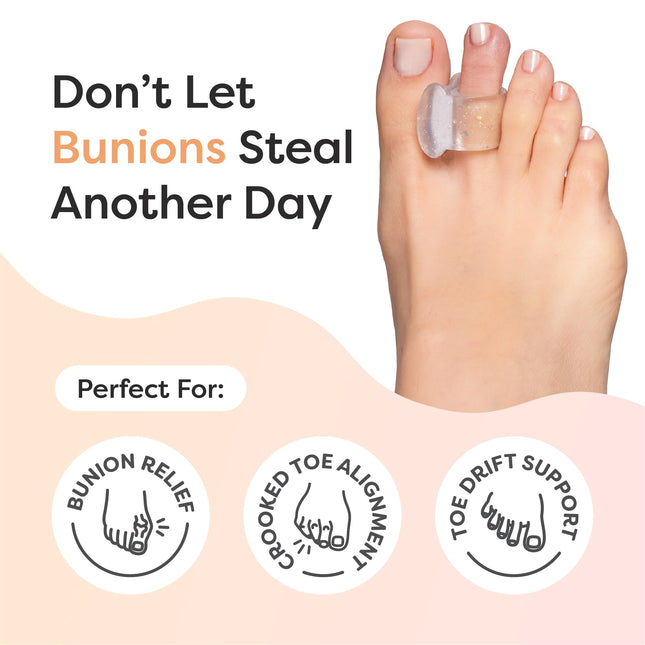 ZenToes Gel Toe Separators for Overlapping Toes, Bunions, Big Toe Alignment, Corrector and Spacer - 4 Pack (Glitter)