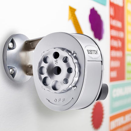 Bostitch Office Wall Mount Manual Pencil Sharpener, Tip Saver, 8 Hole Dial, 6X Longer Cutter Life, Vertical or Horizontal Mounting, Silver