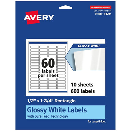 Avery Glossy White Rectangle Labels with Sure Feed, 5" x 1.75", 600 Glossy White Labels, Print-to-The-Edge, Permanent Label Adhesive, Laser/Inkjet Printable Labels