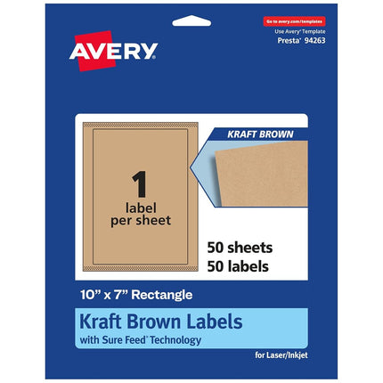 Avery Kraft Brown Rectangle Labels with Sure Feed, 10" x 7", 50 Kraft Brown Labels, Laser/Inkjet Printable Labels
