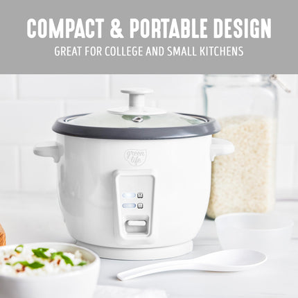 GreenLife Electric Rice Cooker, 3-Cups Uncooked/6-Cups Cooked, Removable PFAS-Free Nonstick Pot, One-Switch Design, Auto Keep Warm, Small Space Saving, Rice Paddle, Soup, Grains, Oatmeal, 1.5 QT
