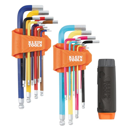 Klein Tools 80205 SAE and Metric Allen Key Set, 20-Piece with T-Shaped Adapter, Colour Coded, Long Allen Key with Adapter with T-Handle for More