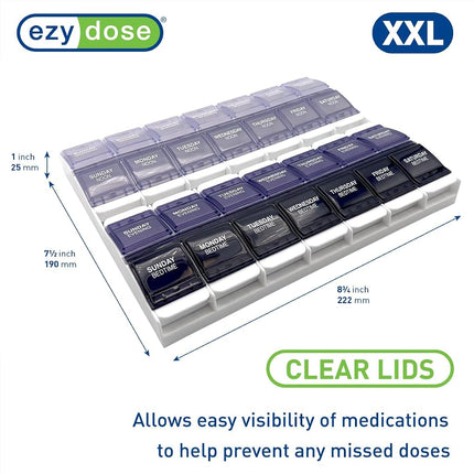 EZY DOSE Weekly (7-Day) Pill Organizer, Vitamin Container, and Daily Medicine Planner, 2X-Large Push Button Compartments, Arthritis Friendly, Easy to Use, 4 Times a Day, Grayscale Lids, BPA Free