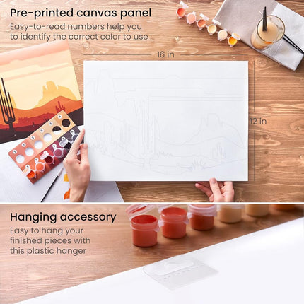 ARTEZA Peinture par Numéros pour Adultes, 30 x 40 cm, 21 Pièces, Kit de Peinture par Numéros Désert, Comprend 1 Toile, 12 Pots de Peinture Acrylique, 5 Pinceaux, Fournitures Artistiques pour la Décoration Murale à la Maison et au Bureau
