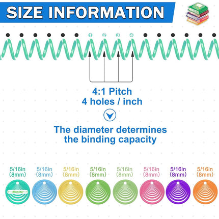 120 Pack Plastic Spiral Binding Coils Binder Binding Spirals Rings Multi Size Spiral Binding Wire Combs Spines Coils, 4:1 Pitch (Colorful, 5/16 Inch)