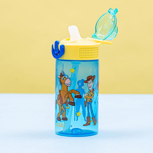 Zak Designs Disney Pixar Toy Story Sage Kids Water Bottle For School or Travel, 16oz Durable Plastic Water Bottle With Straw, Handle, and Leak-Proof, Pop-Up Spout Cover (Woody & Friends)