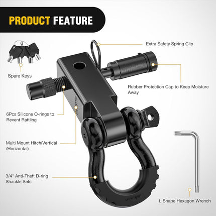 Nilight Anti-Theft Shackle Hitch Receiver 2Inch 45000 LBs Breaking Strength 3/4" Anti-Theft D Ring Shackle 5/8" Trailer Hitch Lock Pin Heavy Duty Solid Towing Kit for Trucks Off Road (Black)