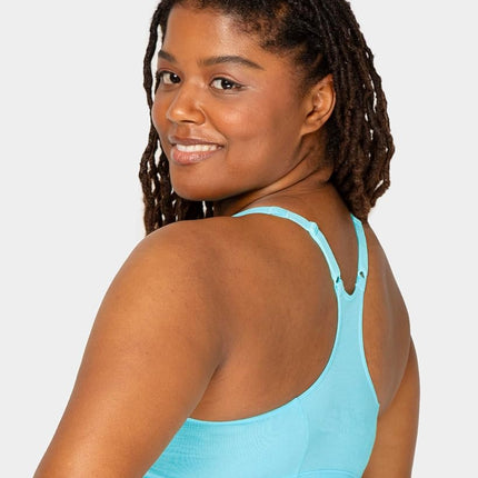 Fruit of the Loom Women's Adjustable Shirred Front Racerback Sports Bra Multi Packs!, Turquoise/White/Charcoal, 34