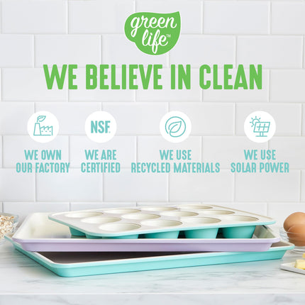 GreenLife Bakeware de Cerámica Antiadherente Saludable, Molde para 12 Magdalenas y Bizcochos, Libre de PFAS, Turquesa