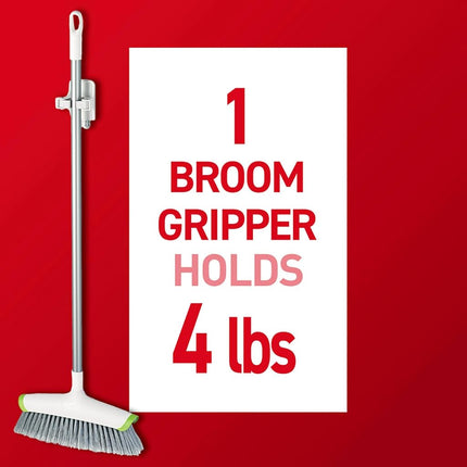 Command Mop & Broom Holder Wall Mount, White with Grey Band, 2 Grippers 4 Strips, Grey/White, 17007-HW2ES