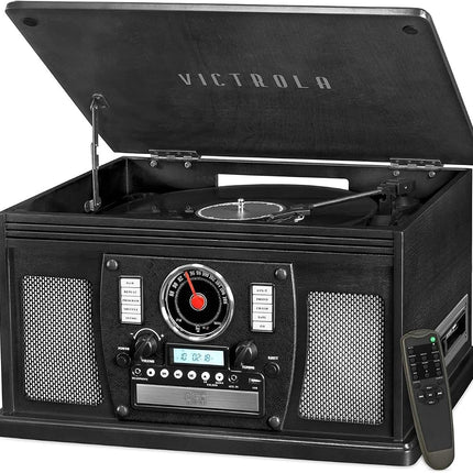 Victrola Nostalgic Aviator Wood 8-in-1 Bluetooth Turntable Entertainment Center, Black