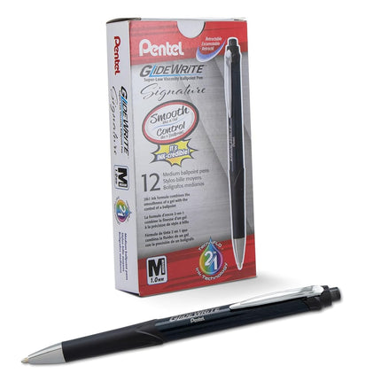 Pentel Glidewrite Signature Ballpoint Pen Black Barrel, (1.0mm) Medium Line, Black Ink, 12 Pens (BX930A-A)