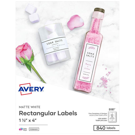 Avery Printable Blank Rectangle Labels, 1.5" x 4", Matte White, 840 Customizable Labels (5197)