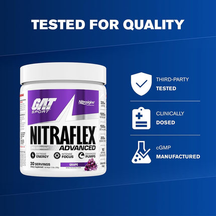 GAT Clinically Tested Nitraflex, Testosterone Enhancing Pre Workout, Grape, 300 Gram