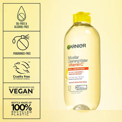 Garnier SkinActive Micellar Water with Vitamin C, Facial Cleanser & Makeup Remover, 13.5 Fl Oz (400mL), 1 Count (Packaging May Vary)