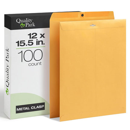Quality Park 12 x 15-1/2 Clasp Envelopes, Clasp and Gummed Closures, for Oversized Papers, Drawings or Posters, 32 lb Kraft Paper, 100/Box (QUA37810)