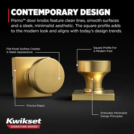 Kwikset Pismo Interior Passage Door Knob, Handle for Closet and Hallway Doors, Non-Locking Doorknob, Satin Brass