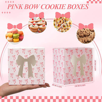 Chivertion 50 Pcs Pink and White Bow Cookie Box with Window Bowknot Small Bakery Boxes Cake Treat Containers for Pastry Donuts Macaroon Wedding Bridal Shower Birthday Party Favors