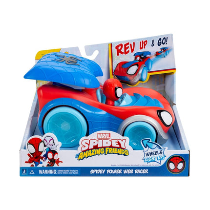 SPIDEY AND HIS AMAZING FRIENDS MARVEL Power Web Racer - 8-Inch Vehicle with Rev Up Spoiler, Light Up Wheels, and Built-In-Character