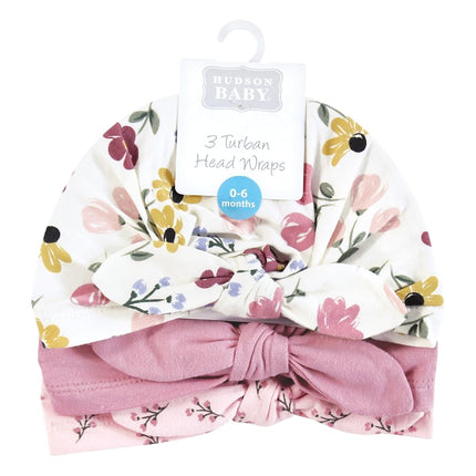 Hudson Baby Infant Girls Turban Cotton Headwraps, 0-24 Months, Soft Painted Floral, 0-24 Months