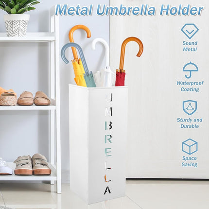 Metal Umbrella Stand, 16.5x6.3x6.3inch Square Free Standing Umbrella Rack Decorative Umbrella Holder Bin Multipurpose Walking Sticks Holder for Umbrella Cane Entryway Home Office(White)