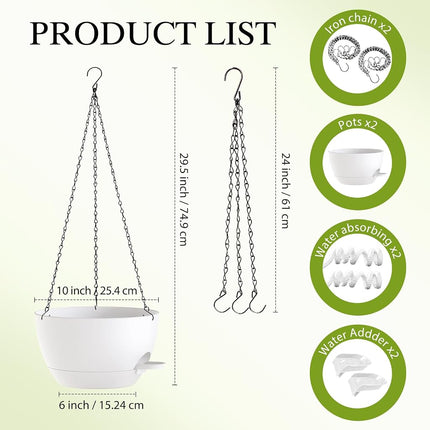 SQKH 10 Inch Hanging Baskets 2 PC with Chains, Self-Watering Hanging Planters for Indoor Outdoor Plants, Plastic Hanging Flower Pots,White