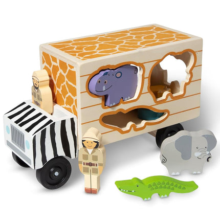 Melissa & Doug Camión de rescate de madera con clasificador de formas | Puzle de animales para niños pequeños, set de juego de aprendizaje temprano | Edad 2+