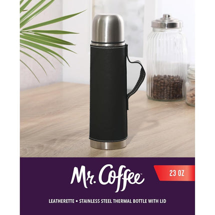 Mr. Coffee Leatherette 23 oz Stainless Steel Thermal Bottle – Double Wall Insulated Flask with Faux Leather Sleeve & Carry Handle, Brown – Leak-Proof Hot & Cold Drink Travel Mug