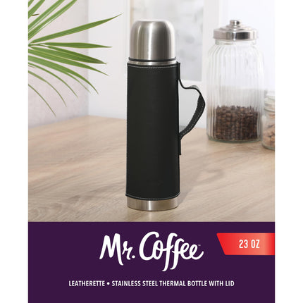 Mr. Coffee Leatherette 23 oz Stainless Steel Thermal Bottle – Double Wall Insulated Flask with Faux Leather Sleeve & Carry Handle, Brown – Leak-Proof Hot & Cold Drink Travel Mug