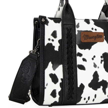 Wrangler Cow Print Tote Bag for Women Western Purse Boho Top Handle Satchel Handbag with Signature Strap, Allover Cow Print Black, One Size WG133-8120BK