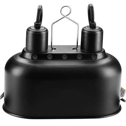 Simple Deluxe Reptile Lamp Fixture Aluminum Dome Light Dual Deep Cap Integration Design Heat-Lighting Lamp Double Sockets Bulbs Holder with Independent Switches, for Amphibians Terrarium, Turtle Tank