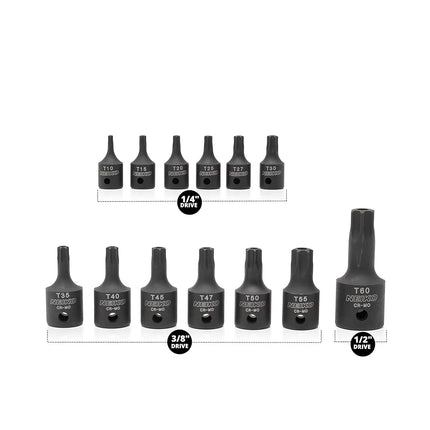 Neiko 10282B Security Torx Impact Socket Kit, 13 Piece | 1/4" - 1/2" Square Drive | T10H - T60H | Cr-Mo Steel