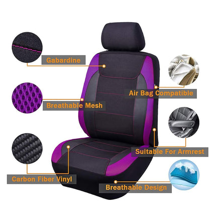 Flying Banner car seat Covers Quality Carbon Fiber Air Mesh Fabric Sport Low High Back Bucket Back Pocket Arm Rest (2 Fronts - Low Bucket, Purple)