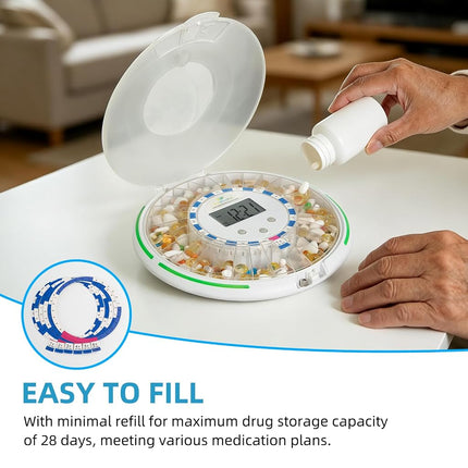 EziMedPil Automatic Pill Dispenser with Alarm, Sound & Light, up to 6 Alarms/Day, 6 Dosage Templates, Easy-Read Display, Frosted Lid & Locked 28-Day Medication Dispenser for Protecting Pills Privacy