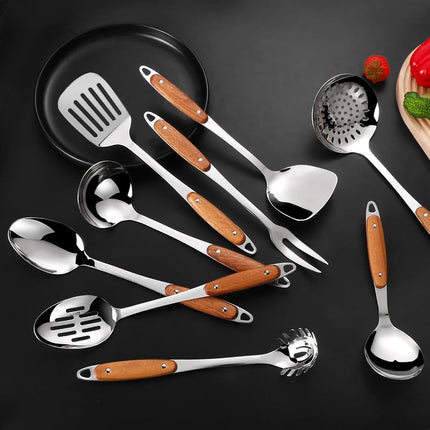 304 Stainless Steel Cooking Utensils Set,9PCS Metal Kitchen Utensils Set with Wooden Handle,Solid Spoon,Spatula,Ladle,Skimmer Spoon,Spaghetti Spoon,Dishwasher Safe