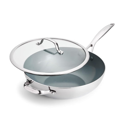 GreenPan Valencia Pro Wok 3-plis en acier inoxydable 30,5 cm avec couvercle, revêtement antiadhésif en céramique sans PFAS, batterie de cuisine multi-couches, induction, passe au lave-vaisselle, passe au four et sous le gril