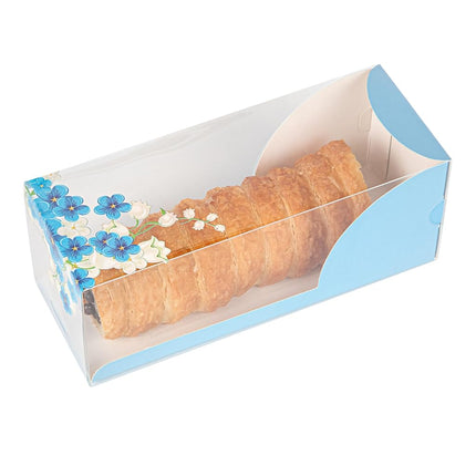 Restaurantware-7 Inch x 2.5 Inch Clear Dessert Boxes, 100 Blue Paper Sleeve Transparent Candy Boxes - Flower Accent, No Grease Lining, Clear Plastic Clear Favor Boxes, Crack Resistant, Disposable