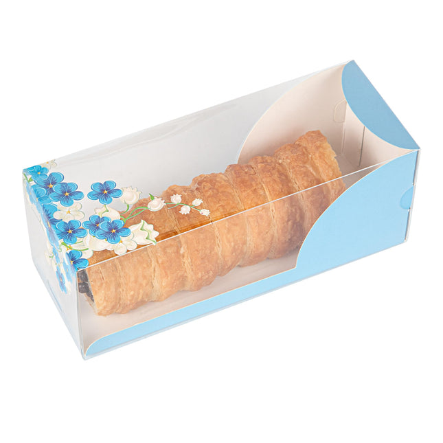 Restaurantware-7 Inch x 2.5 Inch Clear Dessert Boxes, 100 Blue Paper Sleeve Transparent Candy Boxes - Flower Accent, No Grease Lining, Clear Plastic Clear Favor Boxes, Crack Resistant, Disposable