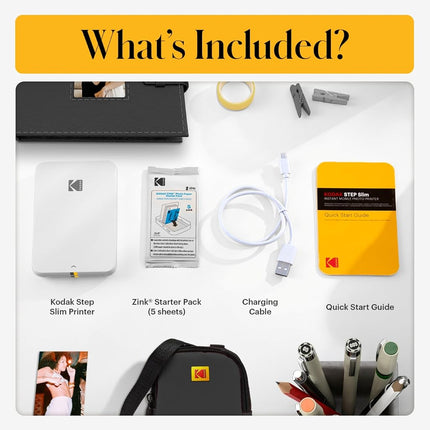 Kodak Step Slim Instant Mobile Photo Printer - Kit: 50 Pack Zink Paper, Case, Photo Album, Markers, Sticker Sets, White, 2x3