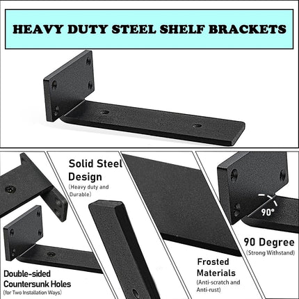 9 Inch Ultra Heavy Duty Shelf Brackets – 0.2In Thick Black L Shape Shelf Brackets, Hidden Steel Brackets for Shelves - 9 Inch Floating Shelf Hardware Heavy Duty (6Pcs)