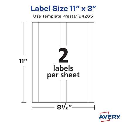 Avery Matte White Rectangle Labels, 11" x 3", 200 Matte White Printable Labels