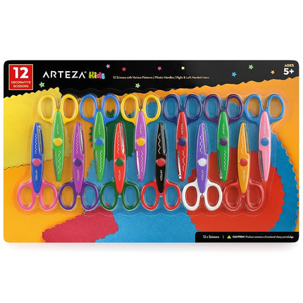 Arteza Kids Decorative Scissors, Set of 12 Different Patterns, 5.5 Inches, Craft Scissors with Patterns, School Supplies and Scrapbooking Supplies for Teachers, Students, and Hobbyists